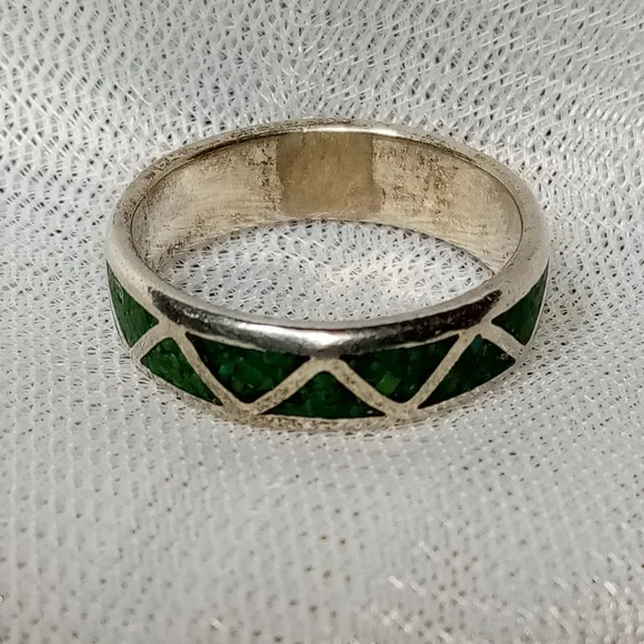 Malachite Gemstone Inlay Sterling Silver Unisex Band Sz 11 - Picture 8 of 9